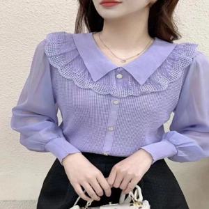 한국 스타일의 부드러운 인형 칼라 쉬폰 혼합 긴 소매 여성 니트 포켓 손수건 패션 가을 셔츠
