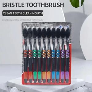 10 조각 포장 부드러운 강모 대나무 숯 검은 머리 초극세 미용 칫솔 커플 정장 구강 청소 도구