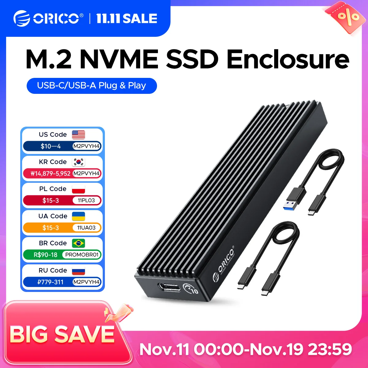 ORICO SSD 케이스 NVMe USB C타입 2 세대, 10Gbps PCIe SSD 케이스, M2 SATA NGFF 5Gbps, M.2 NVME 인클로저 디스크 박스 M.2 SSD 케이스