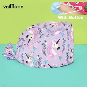 단추 sweatband와 함께 만화 인쇄 간호 모자 스크럽 캡 조정 가능한 남여 인쇄 면화 스크럽 모자 미용실 작업 모자