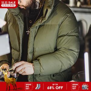Maden 남성용 겨울 왁스 처리 다운재킷, 탈착식 후드, 흰 오리털 충전 두툼한 보온 스탠드 칼라 외투, 남성용 털 안감 아우터 상의