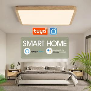 Tuya 가정용 스마트 천장 램프, 나뭇결 사각형 디자인, LED 천장 조명, 알렉사 구글 음성 제어, 36W