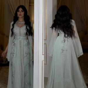 맞춤형 시폰 아플리케 스팽글 비즈 구김, 웨딩 파티, A 라인 O-넥, 맞춤형 행사 가운, 롱 드레스