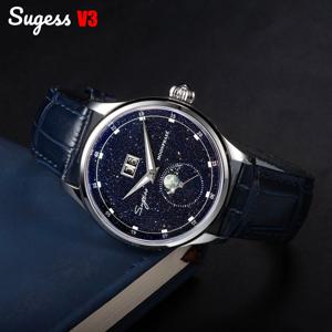 Sugess Moonphase 남성용 시계 40mm 자동 기계식 손목 시계 Seagul ST2528 무브먼트 스테인레스 스틸 블루 사암 다이얼