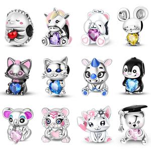 S925 스털링 실버 올빼미 다람쥐 곰 고슴도치 귀여운 동물 시리즈 크리 에이 티브 매력 비즈 맞는 팬 원래 팔찌 DIY 쥬얼리