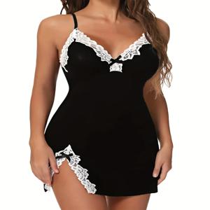 여성용 잠옷, 섹시한 란제리, 민소매 V넥 스트랩, 레이스 실크 새틴 원피스 잠옷, 잠옷 잠옷