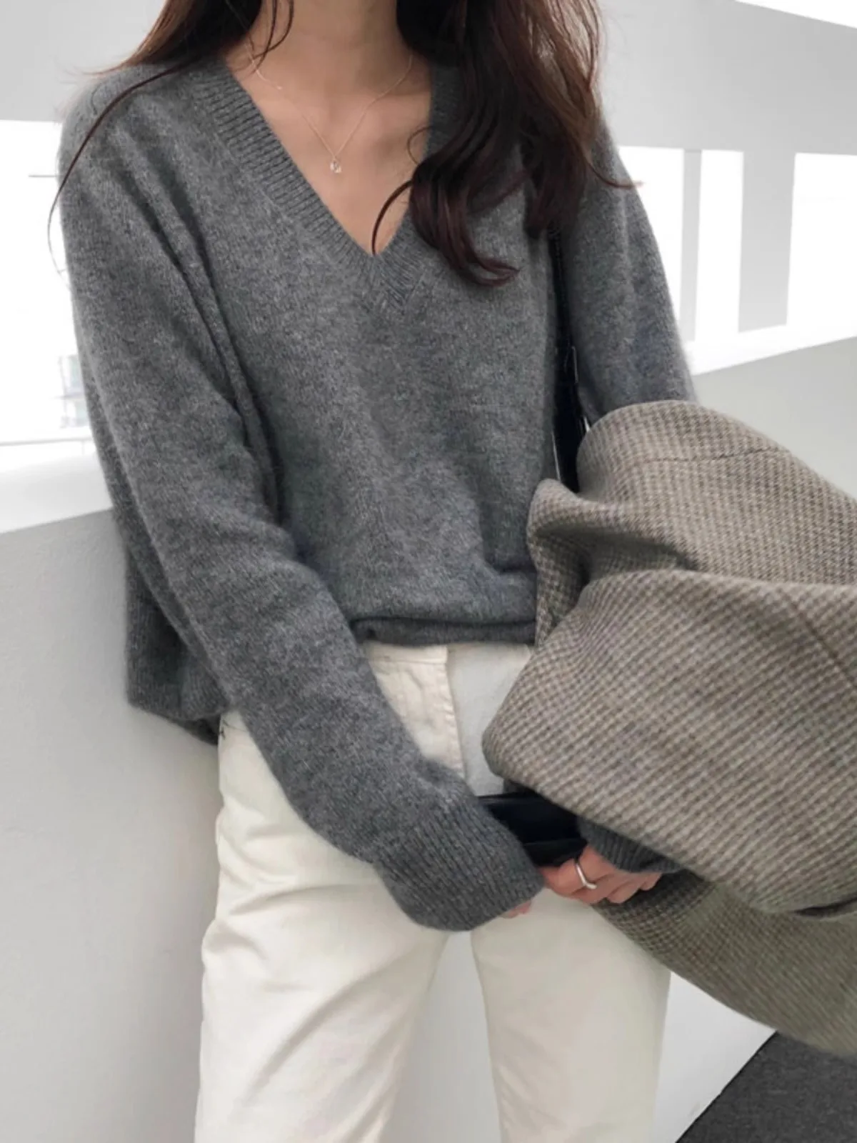 외국 스타일 V 넥 100% 순수 캐시미어 스웨터 여성 풀오버 가을, 겨울 느슨한 울 기본 셔츠