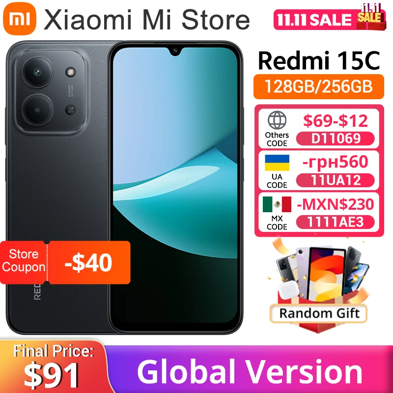 글로벌 버전 샤오미 레드미 15C 스마트폰 6.9인치 120Hz 도트 드롭 디스플레이 50MP 메인 카메라 33W 충전 미디어텍 헬리오 G81-울트라