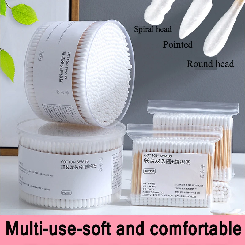 박스형 화장품 코튼 더블 헤드 면봉, 여성용 메이크업 코튼 버드, 나무 스틱 코 귀 청소 도구, 500 개