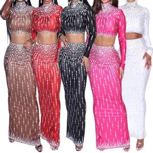 여자 인쇄 투피스 우아한 파티 드레스 여자 긴 소매 라인 석 Bodycon 맥시 댄스 파티 저녁 Vestidos 긴 드레스 HW86