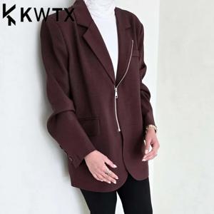 KWTX 2025 봄 여름 여성 지퍼가 달린 블레이저 자켓 패션 비대칭 디자인 경량 오피스 캐주얼 정장 코트
