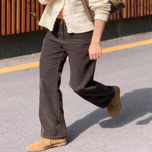 바른넷 코듀로이 브라운 하이웨이스트 스트레이트 레그 팬츠 여성 캐주얼 롱 트라우저 슬리밍 효과 가을 겨울 패션