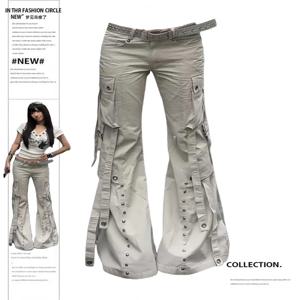 여성 고블린 코어 Y2K 일본 디자인 하라주쿠 로우라이즈 데님 플레어 카고 팬츠 2000년대 K팝 벨보텀 롱 트라우저 펑크 진