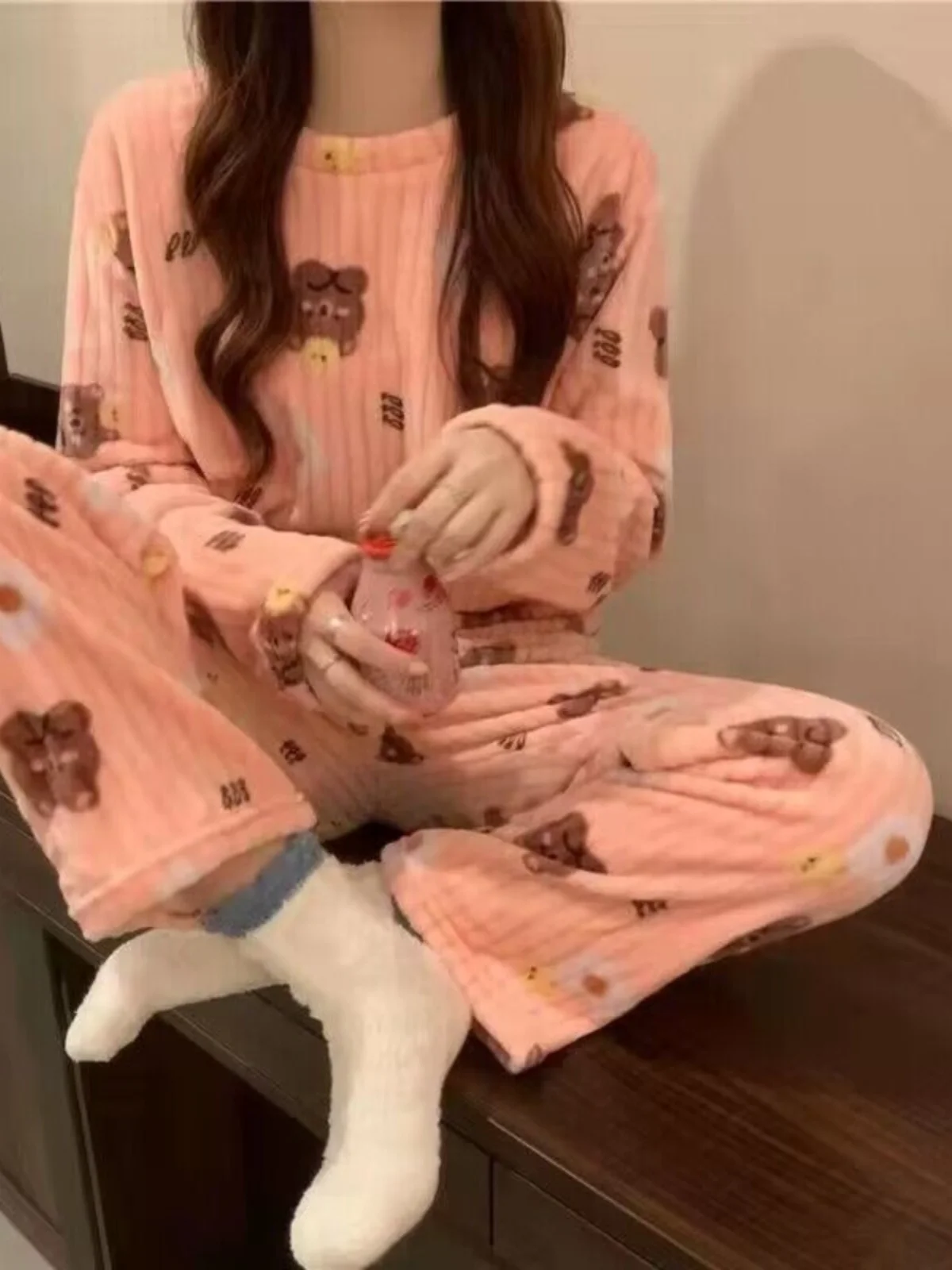 여성용 코랄 플리스 잠옷 가디건 긴 소매 긴 바지 홈웨어 달콤한 스타일 가을 겨울 두꺼운 홈웨어