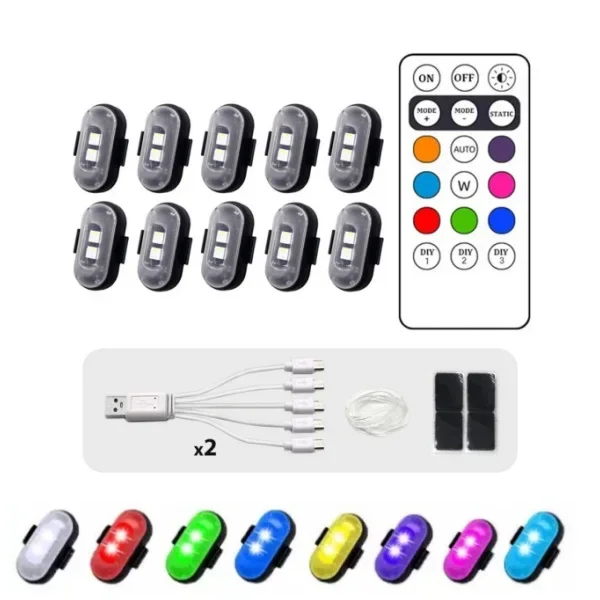 무선 원격 LED 스트로브 라이트 자동차 오토바이 자전거 경고 장식 램프 USB 충전식 항공기 표시기 8 색 자동차 조명