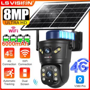 LS VISION 8MP 4G 태양광 카메라 실외 WiFi 보안 카메라 듀얼 렌즈 PIR 야간 투시 자동 추적 방수 CCTV 모니터 V380