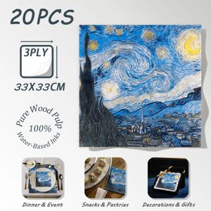 20pcs 반 고흐 별이 빛나는 밤 장식 칵테일 종이 냅킨 순수 목재 펄프 33-33cm 일회용 미술 전시회 파티 냅킨