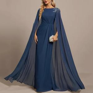 맞춤 우아한 네이비 신부 어머니 드레스 케이프 소매 레이스 아플리케 웨딩 게스트 드레스 2025 여성 프롬 이브닝 가운