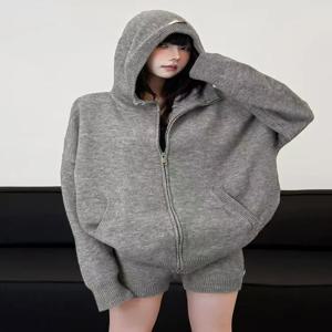 Y2k American Grey Hot Girls 레트로 니트 지퍼 후드 여성 하이 웨이스트 반바지 투피스 한국 패션 루즈 스웨트 슈트
