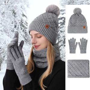 2025 가을 겨울 여성용 비니 모자, 스카프, 장갑 3종 세트 (야외 스포츠, 스키용, 플리스 넥 스카프 포함)