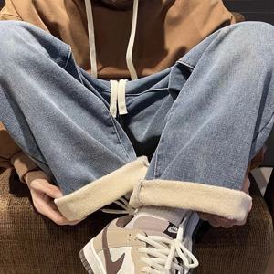 하이웨이스트 두꺼운 플리스 와이드 레그 진 여성용 가을 겨울 루즈 스트레이트 루즈 배형 슬림 팬츠 캐주얼 스타일