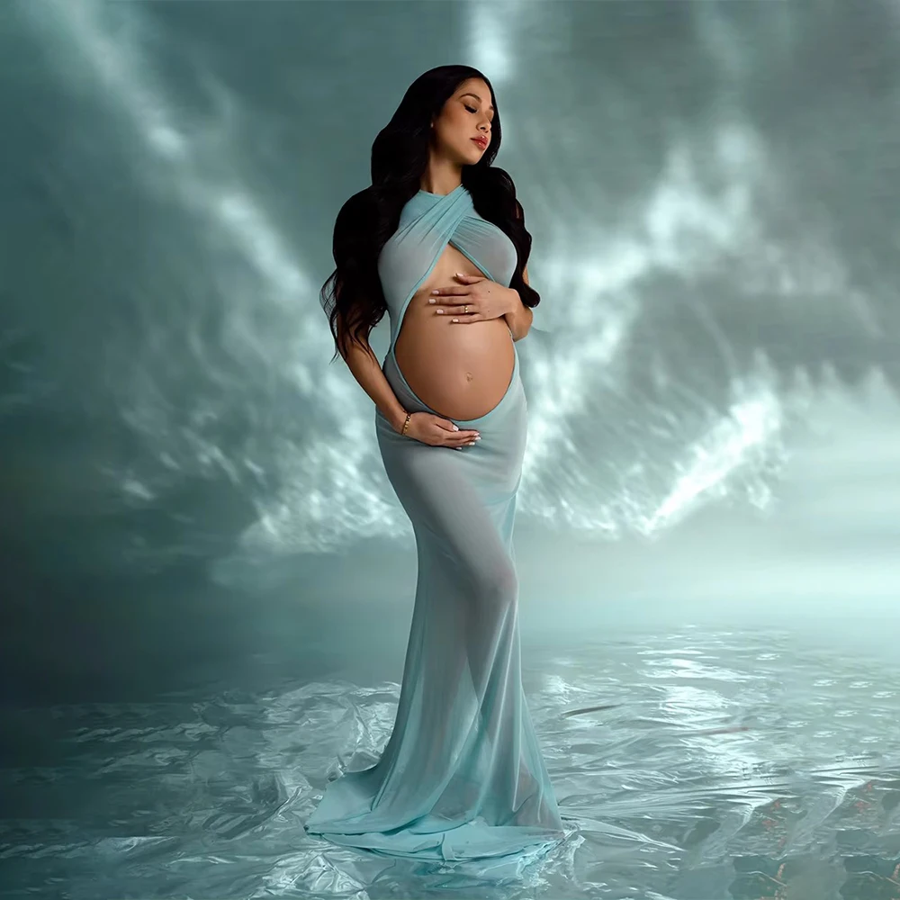 스카이 블루 임부복 사진 촬영 섹시 시스루 드레스 편안한 신축성 메쉬 앞뒤 오픈 베이비 샤워 드레스 여성용