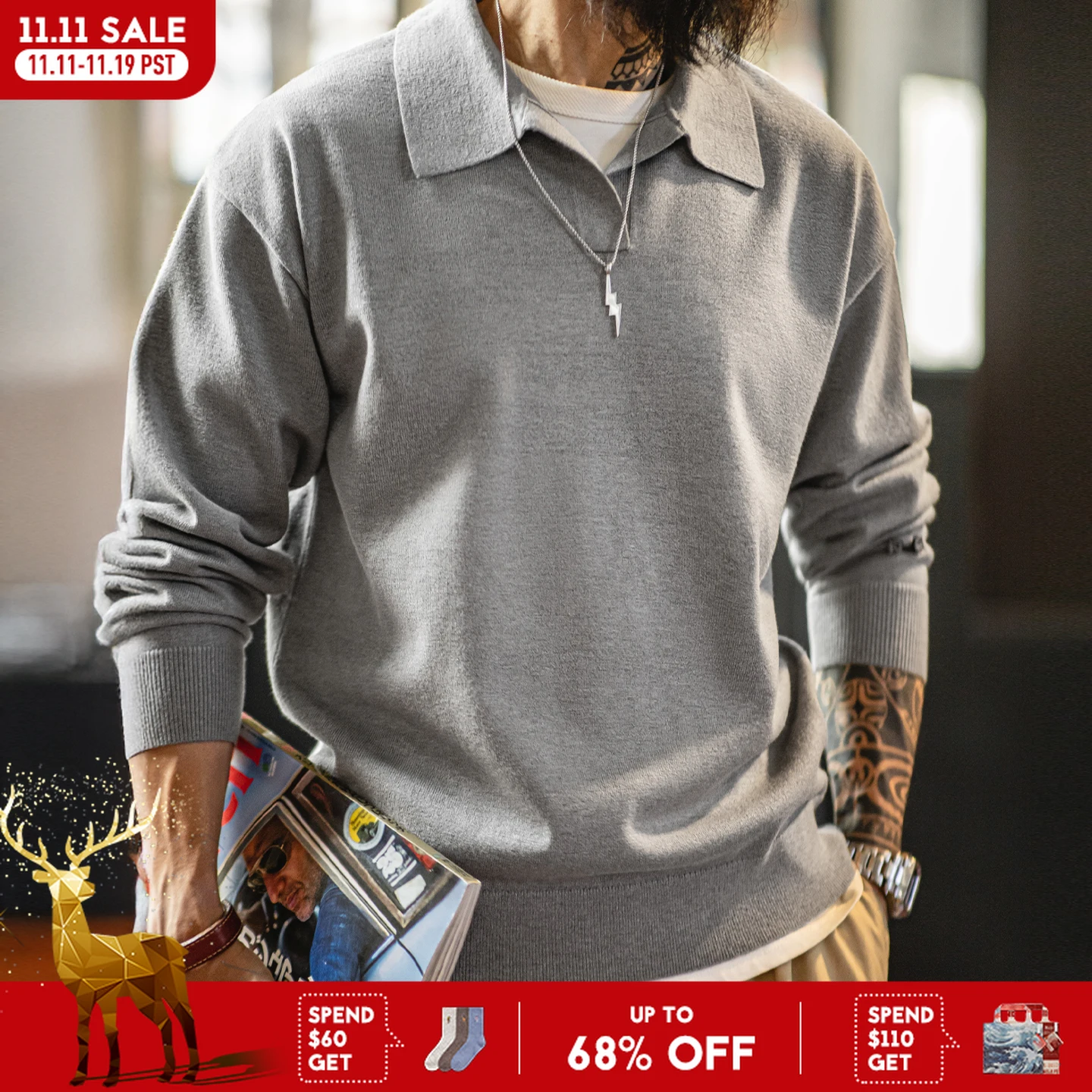 메이든 빈티지 남성 니트 폴로 셔츠 단색 긴팔 스웨트셔츠 부드러운 라펠 레이어 풀오버 니트웨어 가을 출퇴근용