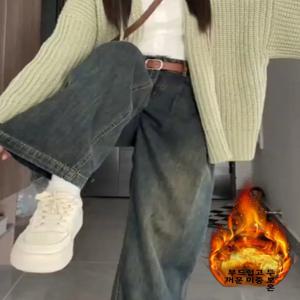 플러스 사이즈 플리스 안감 두꺼운 데님 바지 여성용 겨울 배형 체형 루즈 슬림 하이웨이스트 스트레이트 레그 와이드 레그 바지