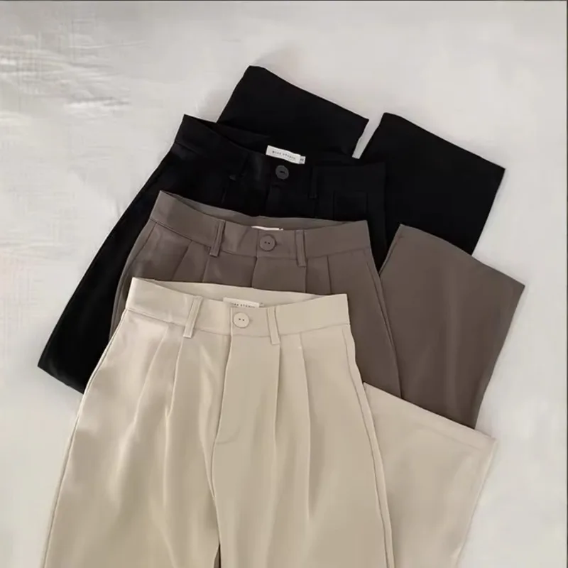 하이웨이스트 여성 정장 바지 가을 스트레이트 오피스룩 한국 패션 바지 캐주얼 버튼 루즈핏 여성 블랙 팬츠 신상 2025