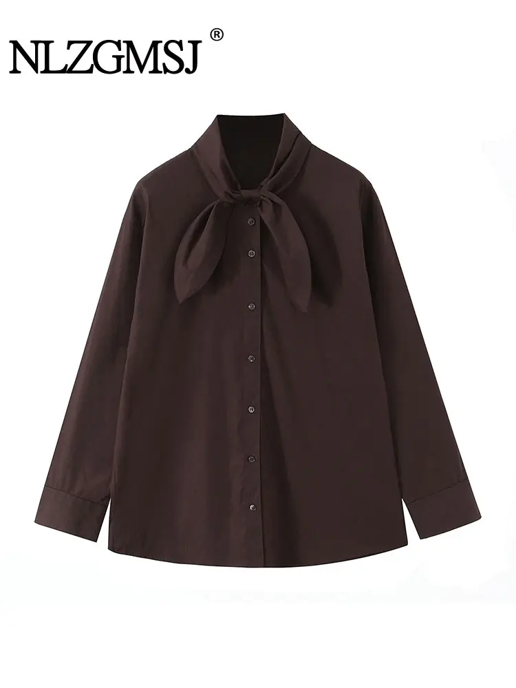 NLZGMSJ 여성 스카프 셔츠 2025 가을 우아한 오피스룩 루즈핏 시크 슬림 데일리 긴팔 데일리 셔츠