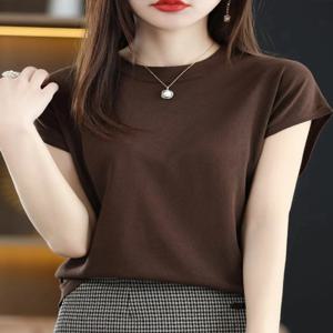 아이스 실크 반팔 티셔츠 여성용 얇은 여름 신상 라운드넥 단색 루즈핏 니트 베이스 셔츠 포켓 손수건