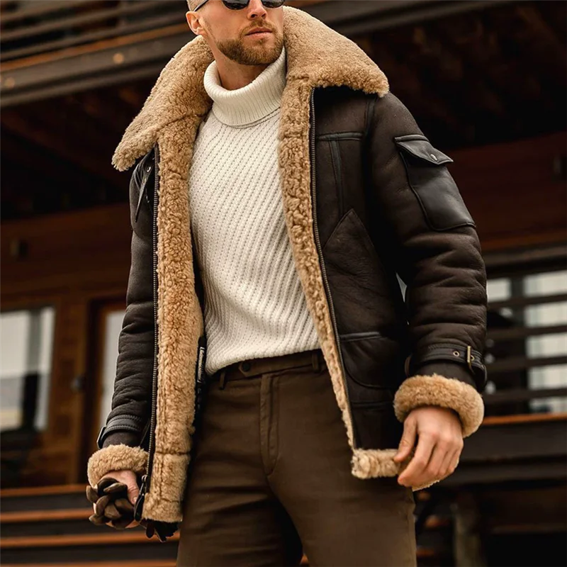 겨울 인조 가죽 재킷 남성용 플리스 턴다운 칼라 모터사이클 코트 솔리드 남성용 따뜻한 두꺼운 방풍 지퍼 캐주얼 아우터웨어
