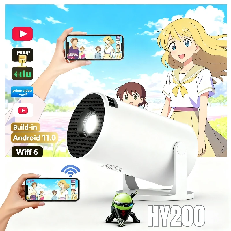 풀 HD 1080P HY200 휴대용 프로젝터 270도 회전 기술 안드로이드 iOS PC 호환 USB HDMI 입력 비디오 프로젝터
