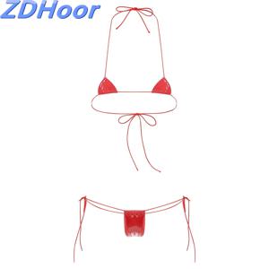 여자 특허 가죽 마이크로 비키니 세트 젖은 모양의 투피스 란제리 정장 로우 라이즈 g 스트링이있는 홀터넥 레이스 업 브래지어