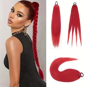 합성 포니테일 익스텐션 복싱 브레이드 헤어피스 랩 어라운드 시뇽 고무 밴드 헤어 링, 블랙 옴브레 브레이드, DIY, 26 인치