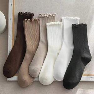 여성용 러플 중간 길이 양말, 통기성 단색 세트, 편안한 땀 흡수, 용수철 및 가을 양말, 6 켤레/로트