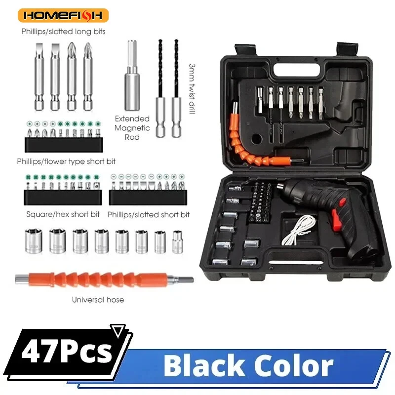 47개 구성 3.6V 전동 드라이버 세트 1800mAh 배터리 구동 휴대용 무선 전동 드라이버 가정용 유지보수 전동 공구