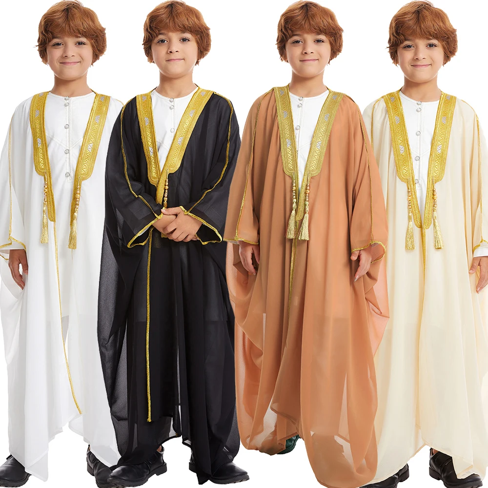 사우디 아라비아 소년 키즈 Jubba Thobe 자수 기모노 카디건 이슬람 소년 Djellaba Dishdasha 이슬람 오픈 Abaya 드레스 Caftan 가운