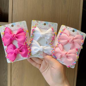 2Pcs 아기 솔리드 머리 활 헤어 클립 리본 활 머리핀 소녀 치어 리더 Bowknot Barrettes 어린이 모자를 쓰고 있죠 헤어 액세서리