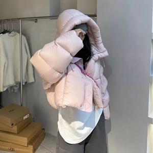 한국 스타일 후드 크롭 여성 2024, 두꺼운 보온 패딩 재킷, 솔리드 스트리트 루즈 버블 코튼 코트, 겨울