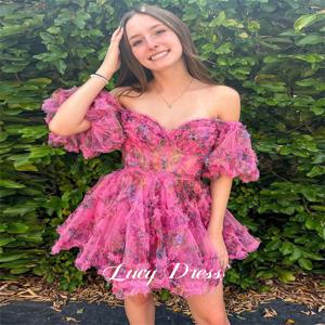 Lucy 맞춤형 꽃 원단 우아한 여성 파티 드레스, 2025 졸업 가운 가운, 칵테일 원피스 미니 스커트