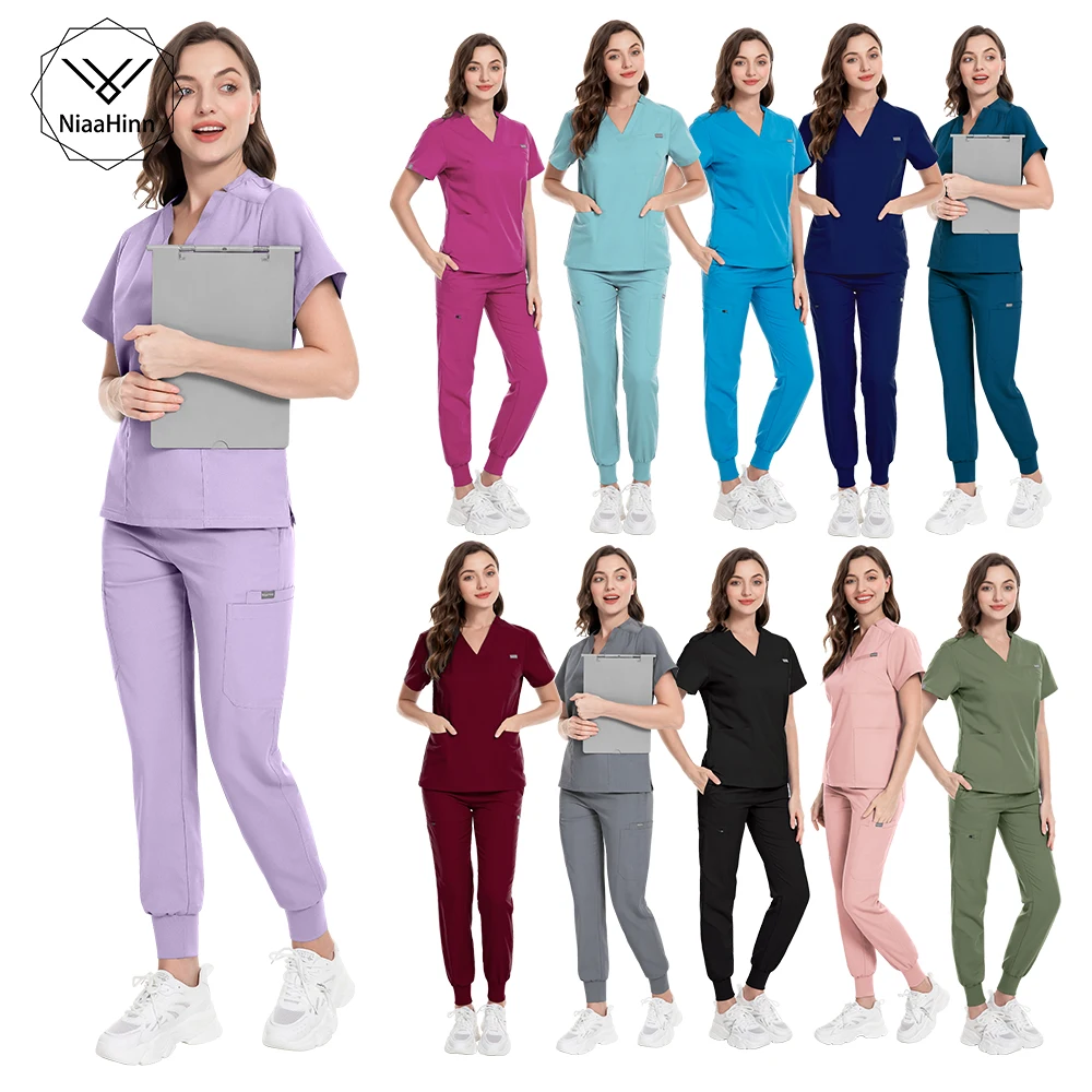 Niaahinn 유니폼 미용실 애완 동물 병원 의료 스크럽 간호사 스크럽, V 넥 탑 스크럽 조거 세트, 고품질 유니폼