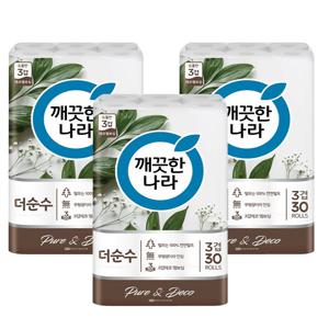 깨끗한나라 더 순수 엠보싱 3겹 25m 30롤x3팩 총90롤 천연펄프 화장지
