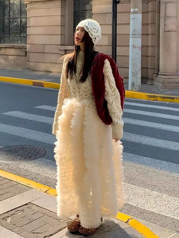 량량 중공업 메쉬 스플라이싱 케이크 스커트 하프 스커트 여성용 봄 궁정 스타일 하이웨이스트 퍼프 롱 스커트