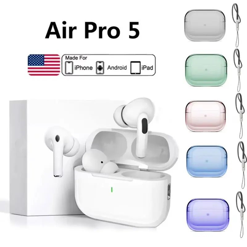 Original Air Pro 5 TWS Max 무선 BT 이어폰 헤드폰 HiFi 사운드 IPhone Android 용 낮은 대기 시간 소음 감소 이어 버드