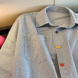 레트로 심플 컬러 블록 오버사이즈 루즈핏 여성 폴로 셔츠 긴팔 데님 스트라이프 봄 코튼 블렌드 비즈니스 캐주얼 탑