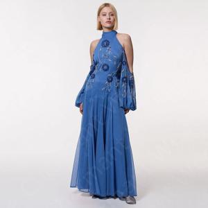 사용자 정의 최신 블루 이브닝 드레스 오프 어깨 파티 파티 가운 아랍어 높은 목 웨딩 게스트 드레스 구슬 꽃