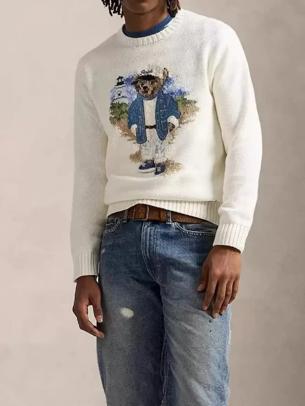 만화 카우보이 남자 여자 가을, 겨울 크리스마스 스웨터 자수 곰 긴 소매 니트 풀오버 커플 코튼 점퍼