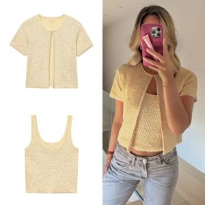 유니제라 패션 감각 시퀸 니트 자켓 + 니트 캐미솔 탑 여성 의류 2025 여름 신상 세트