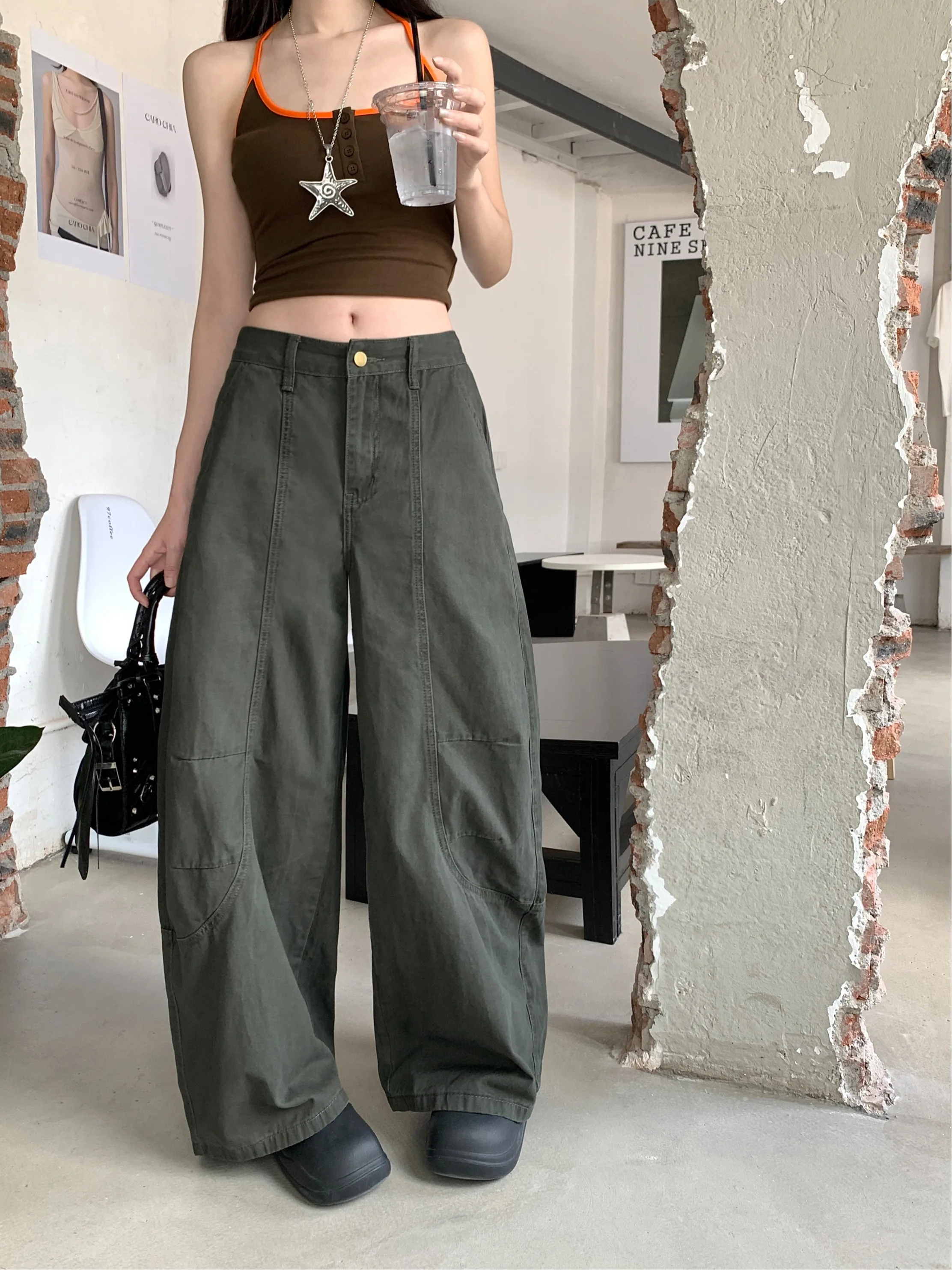 레트로 실루엣 나이프 엣지 워크웨어 진 하이웨이스트 루즈 여성 패션 한국 와이드 레그 롱 팬츠 가을 2025 신상품